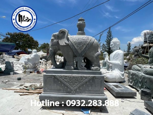 Tượng Đôi Voi Đá Sa Thạch Xám MS14